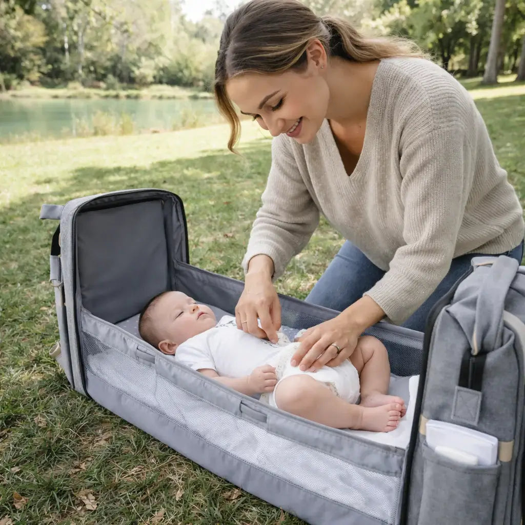 The All-In-One Diaper Bag Woman tending to a baby in a portable crib outdoors.