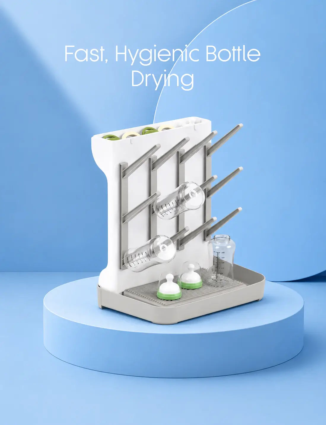 Bottle drying rack with bottles on a blue background