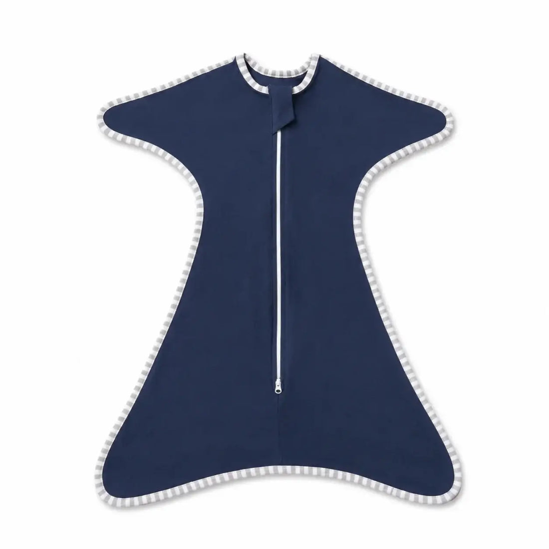 Navy blue baby wrap with white trim on a white background