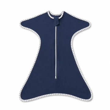 Navy blue baby wrap with white trim on a white background