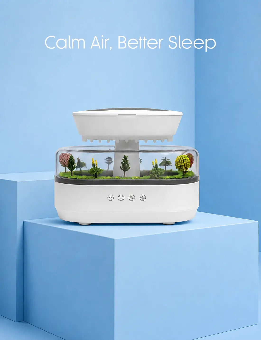 Humidifier with plant design on a blue geometric background, featuring text 'Calm Air, Better Sleep'.