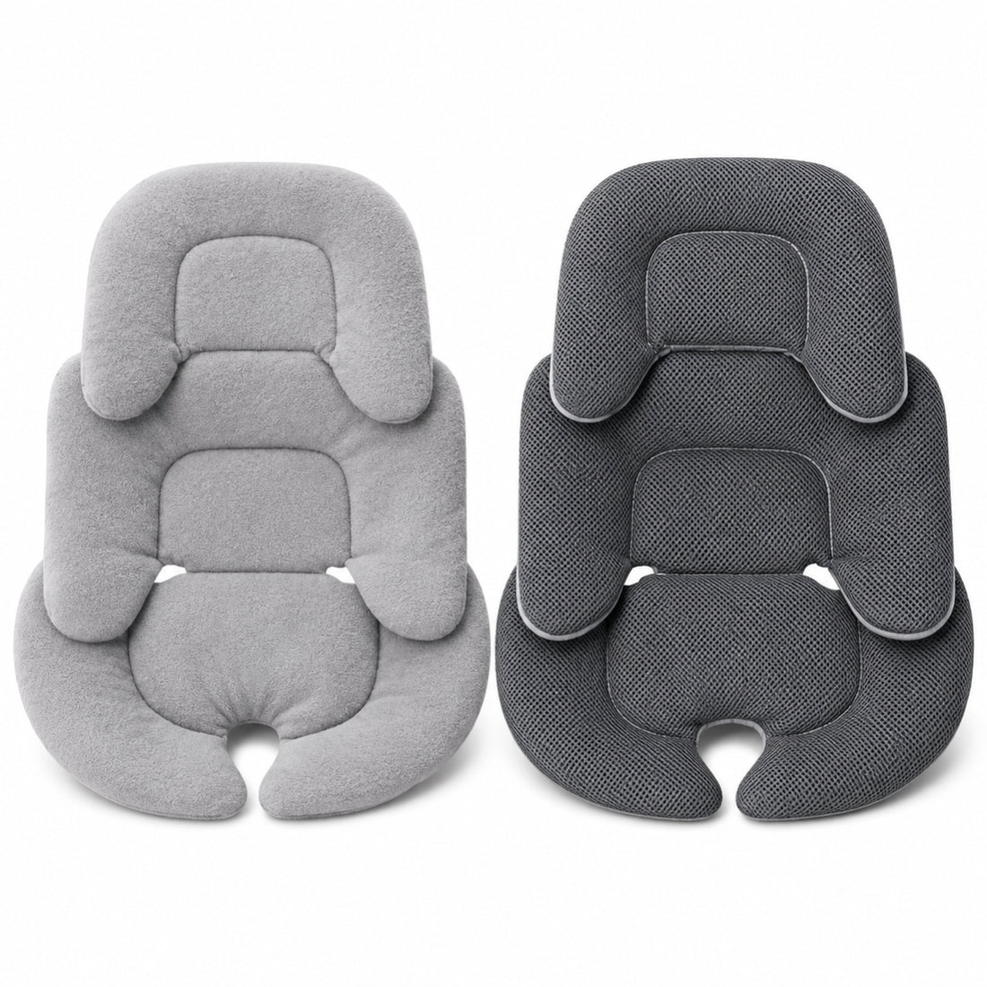 Two gray baby car seats on a white background