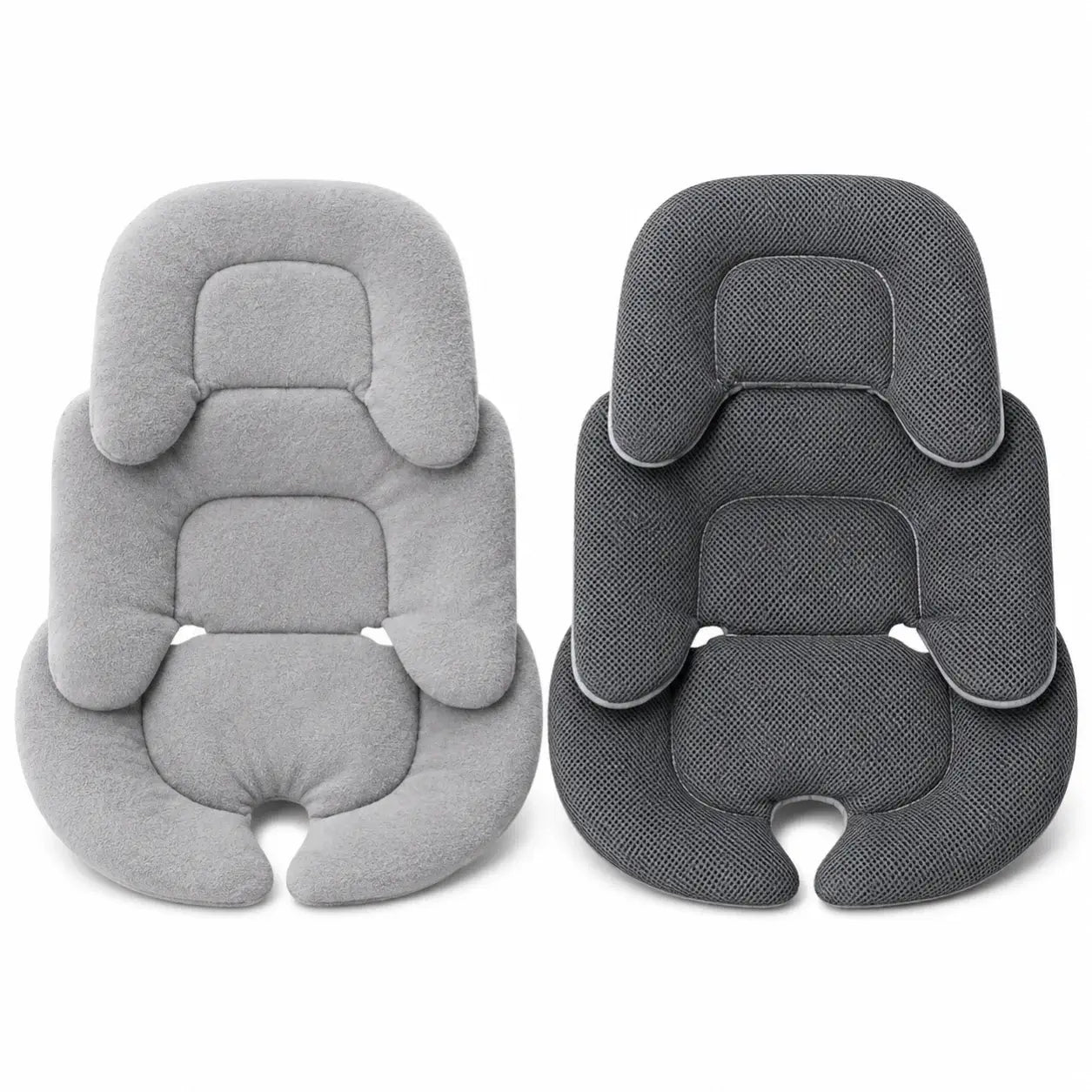 Two gray baby car seats on a white background