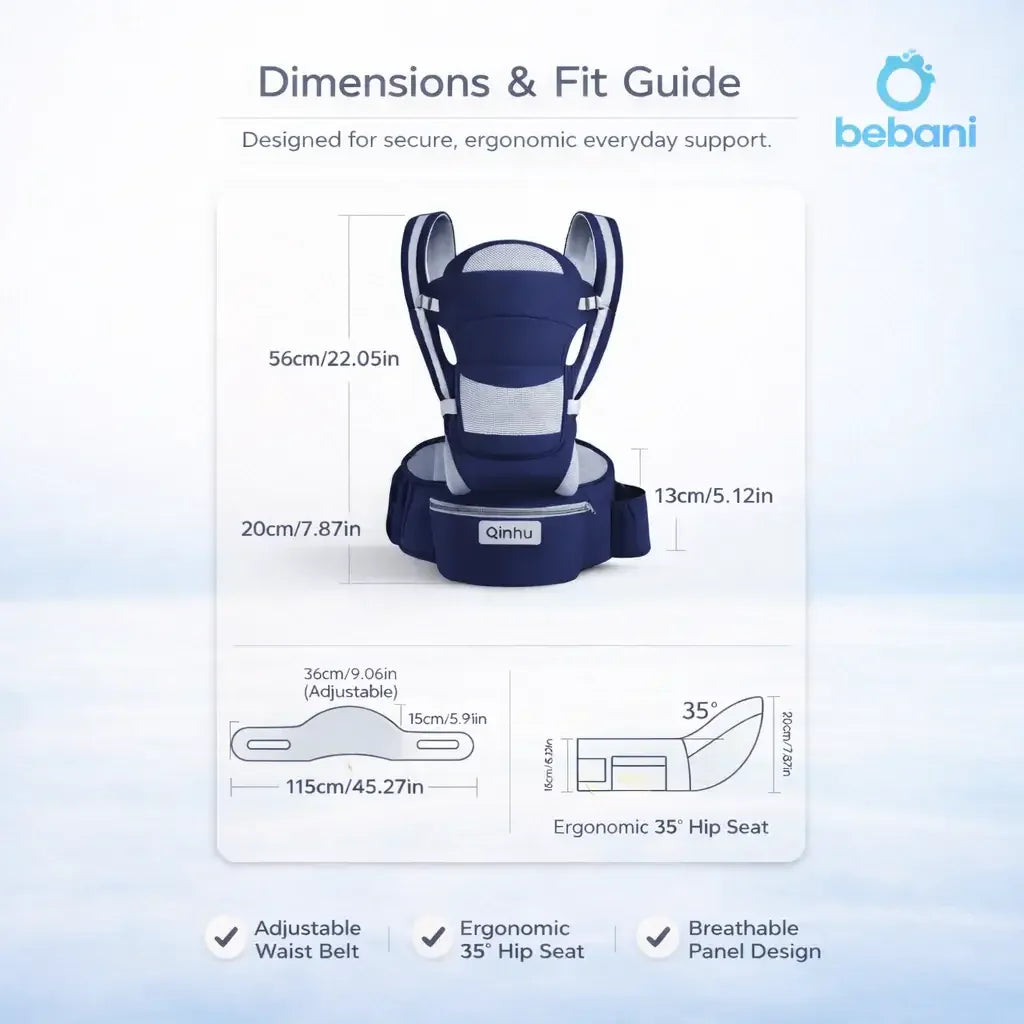 Ergonomic adjustable baby carrier dimensions and fit guide with waist belt and 35° hip seat.