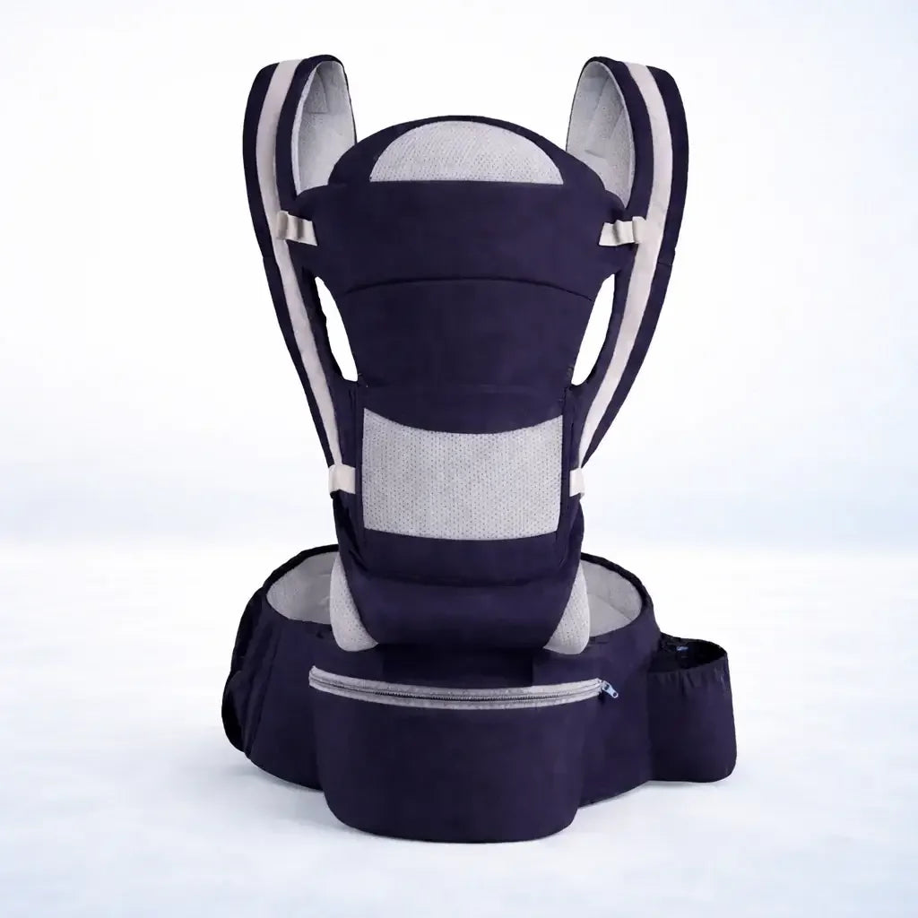 adjustable baby carrier with hip seat and padded shoulder straps on white background