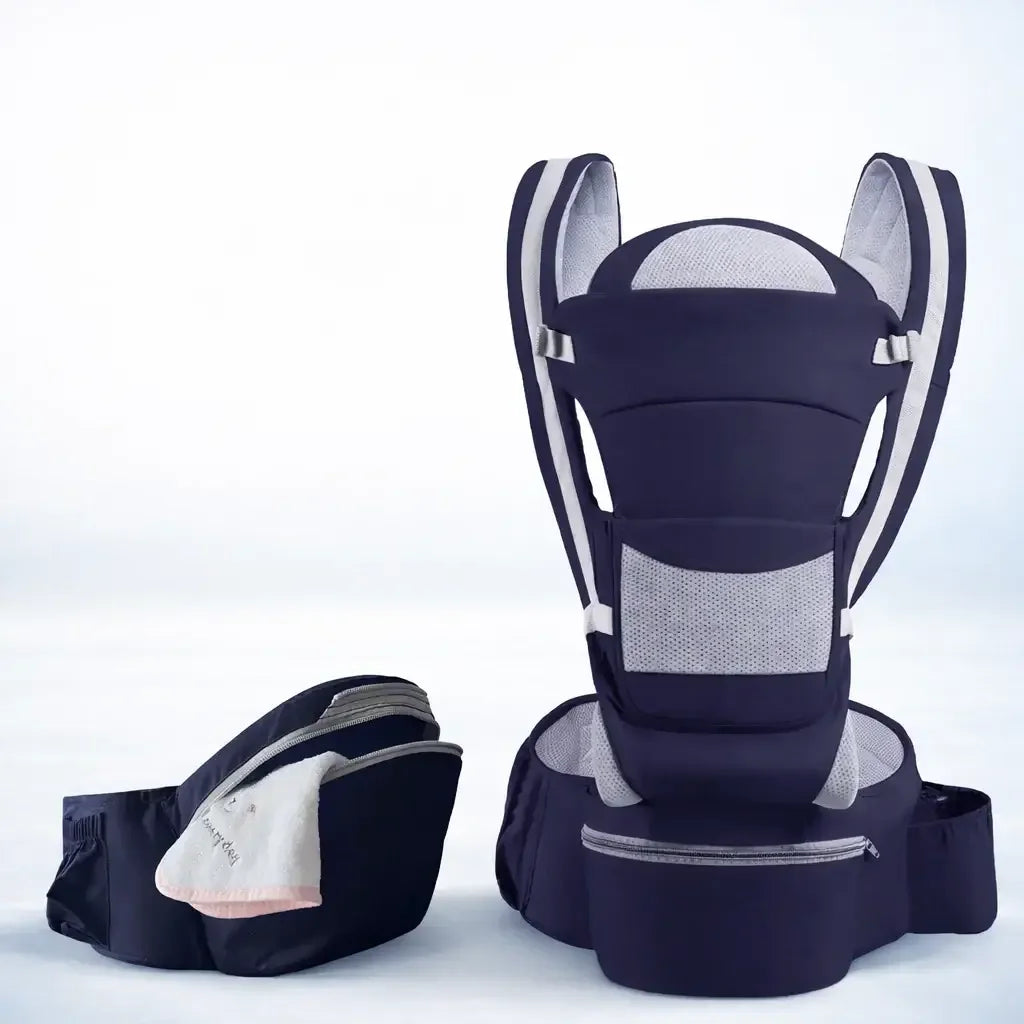 adjustable baby carrier in navy blue with mesh panels and detachable hip seat