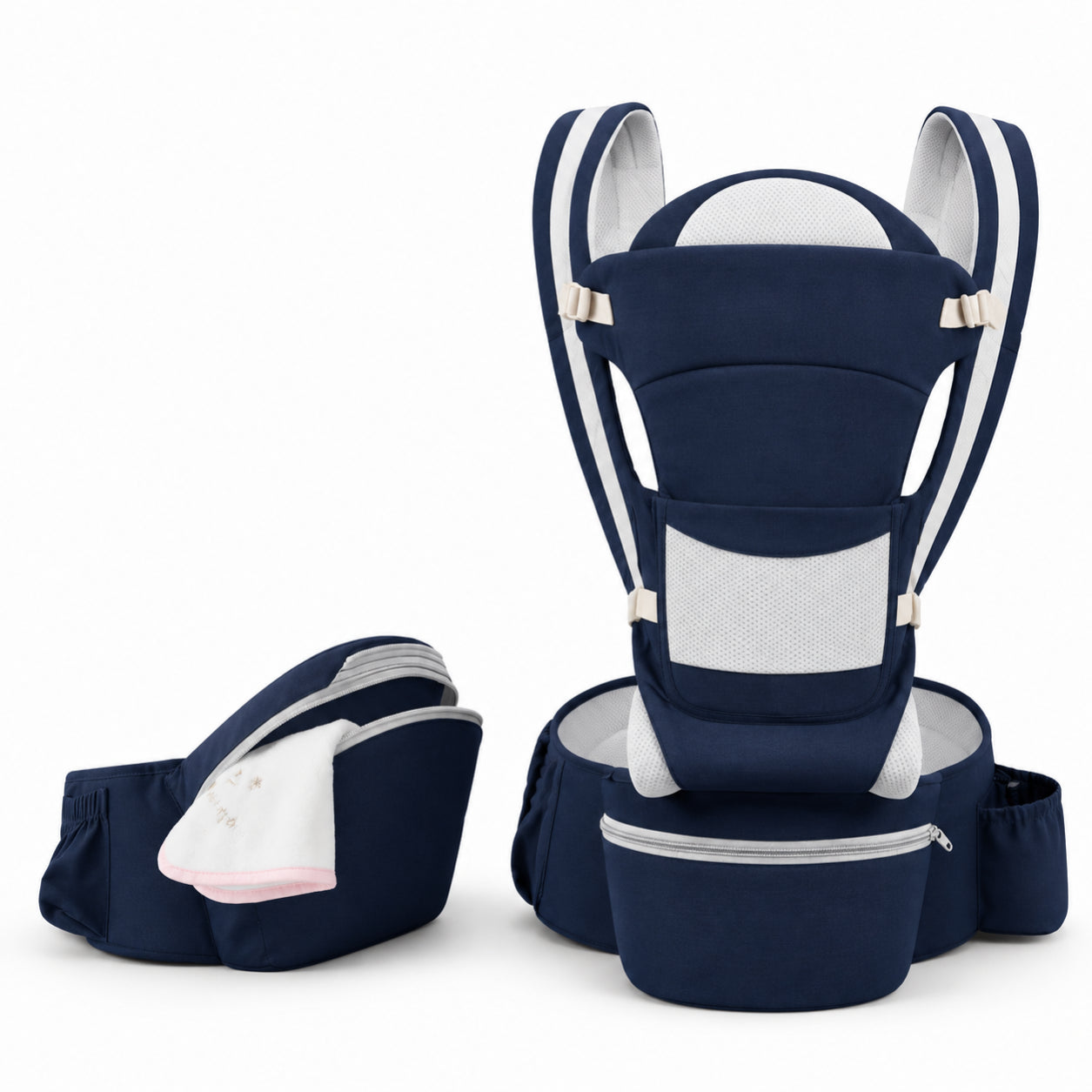 Navy blue baby carrier with accessories on a white background