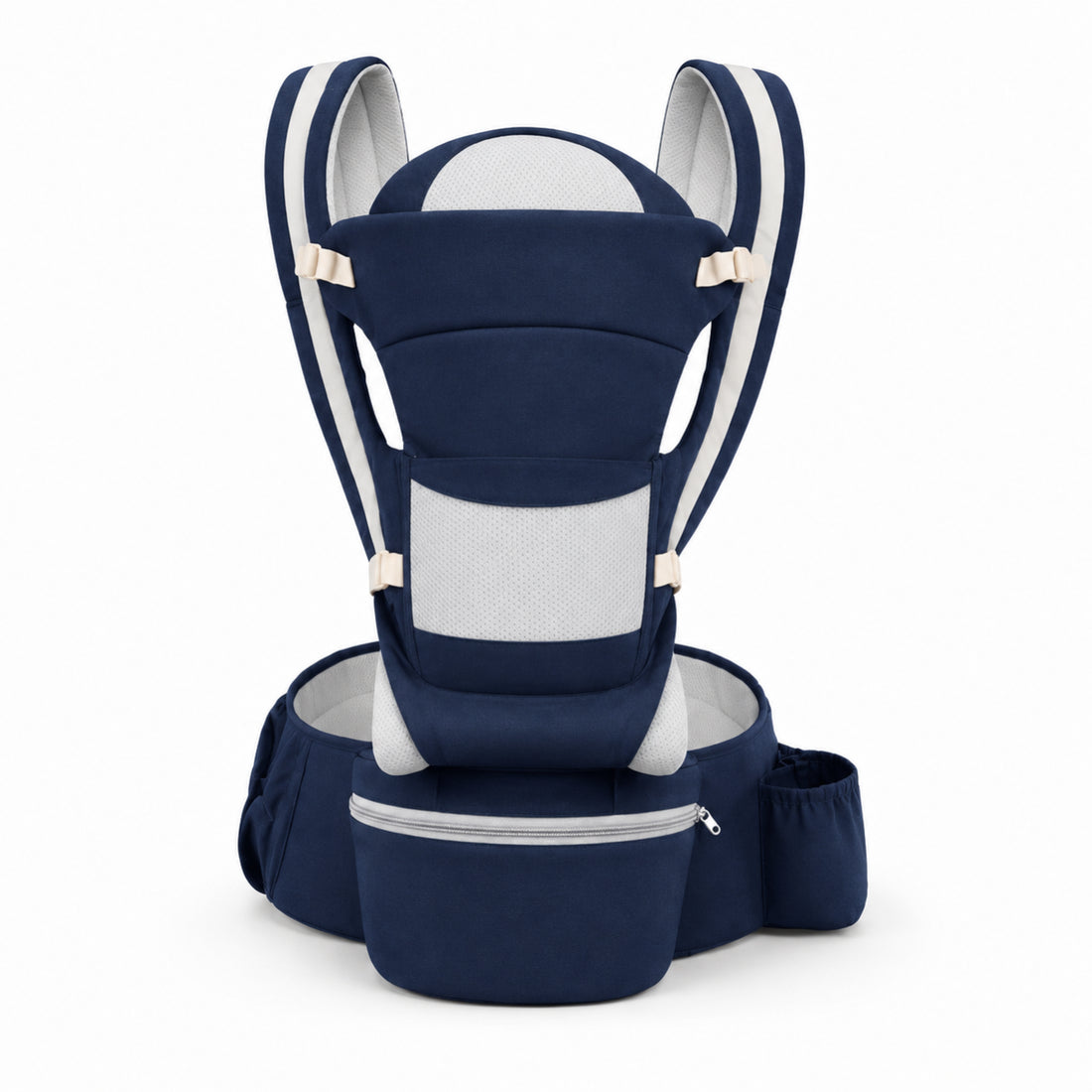 Navy blue baby carrier with white accents on a white background