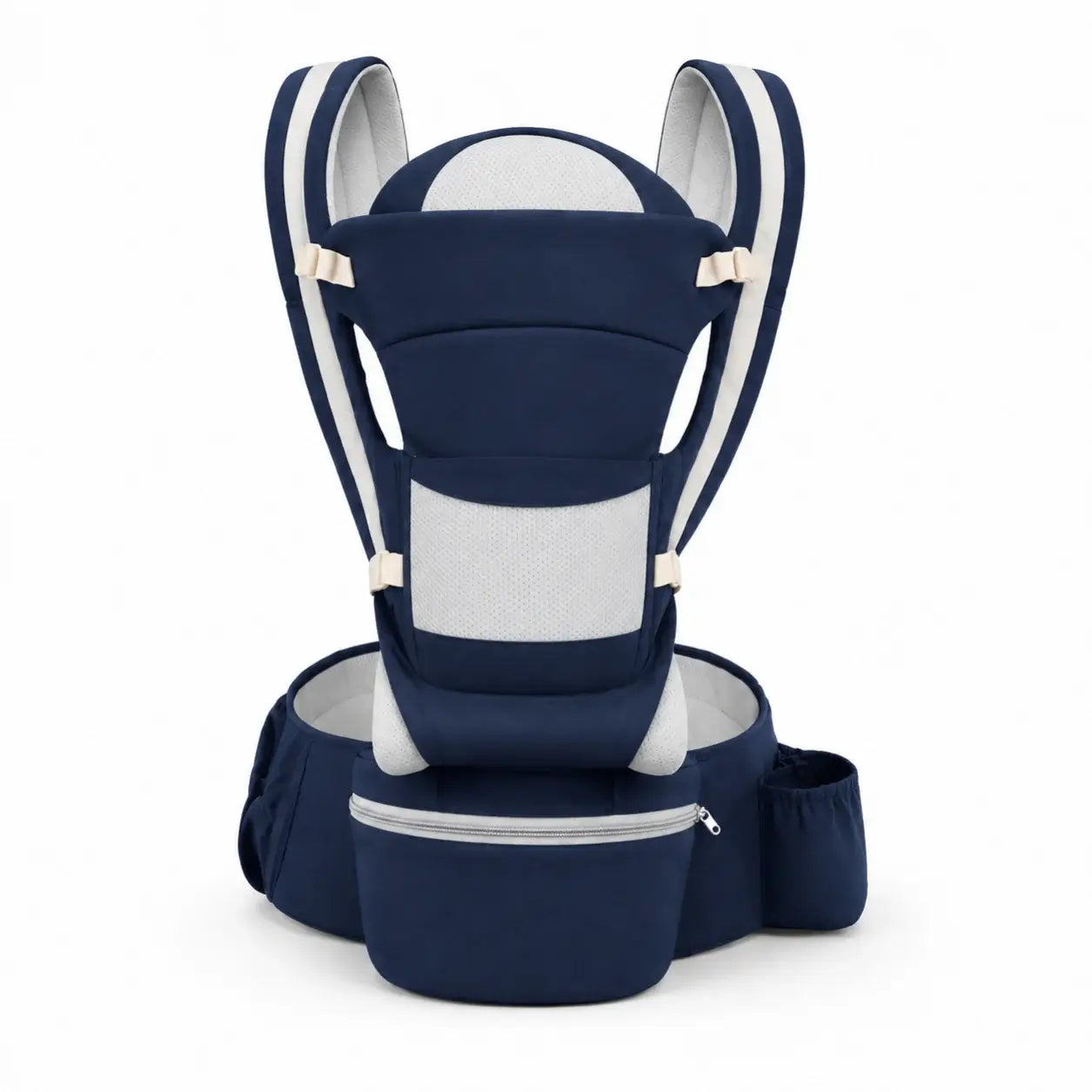 Navy blue baby carrier with white accents on a white background