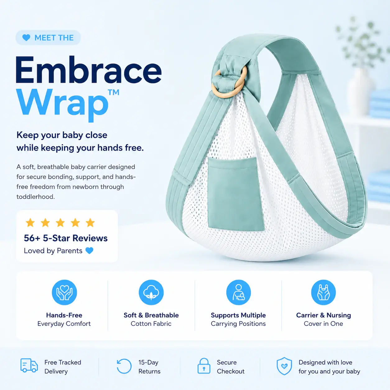 Embrace Wrap™ baby wrap newborn sling for secure bonding and free hands, crafted with soft breathable cotton.