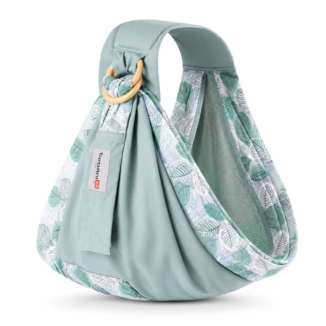 Soft Embrace Wrap™ baby wrap newborn sling in green leaf pattern for hands-free parenting.