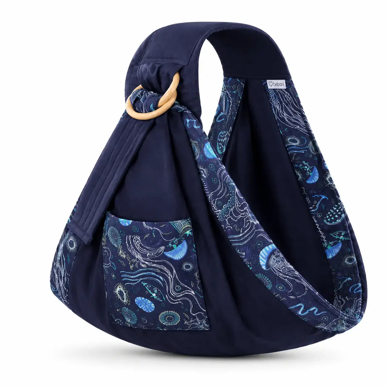 Embrace Wrap™ baby wrap newborn sling in navy blue with unique ocean pattern for hands-free parenting.