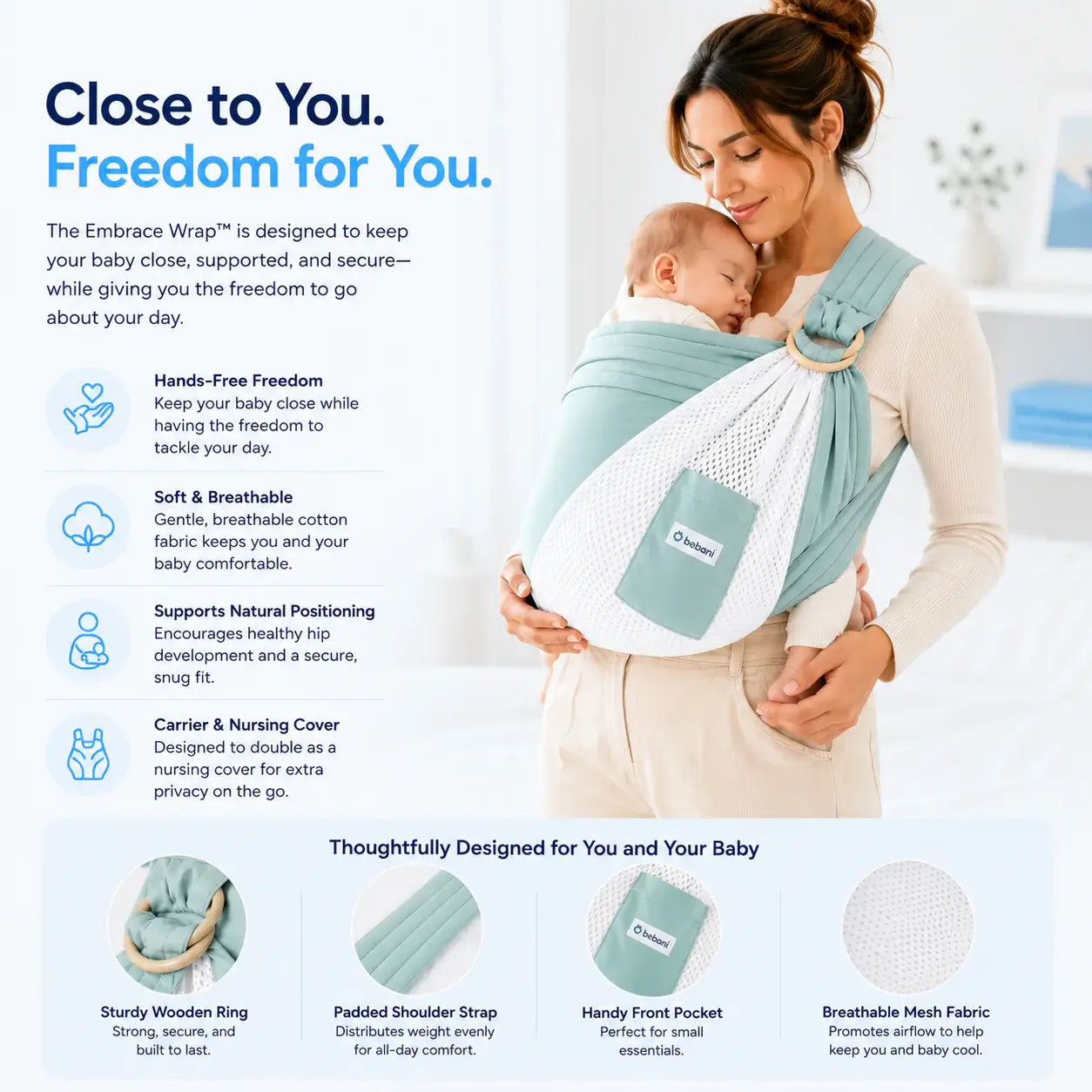 Mother using the Embrace Wrap™ for hands-free carrying of her baby, showcasing baby wrap newborn sling features.