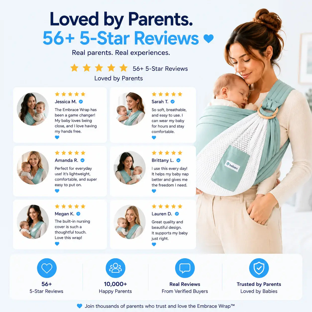 Parent reviews highlighting the Embrace Wrap™ as the ideal baby wrap newborn sling.