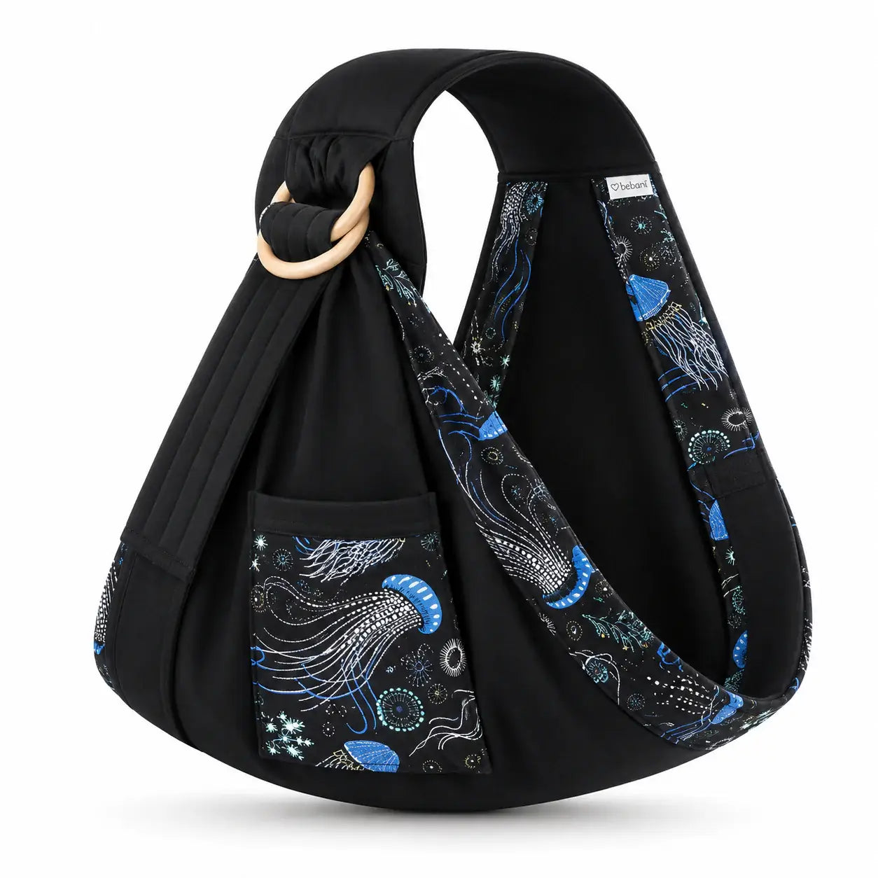 Embrace Wrap™ baby wrap newborn sling featuring soft black fabric with vibrant jellyfish design.