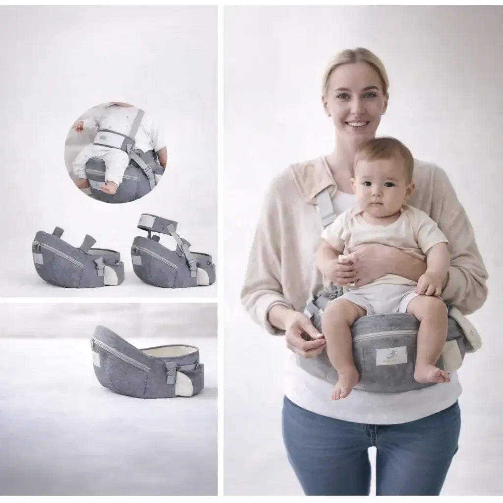 Woman using ergonomic baby hip seat carrier with storage pouch, holding baby comfortably.
