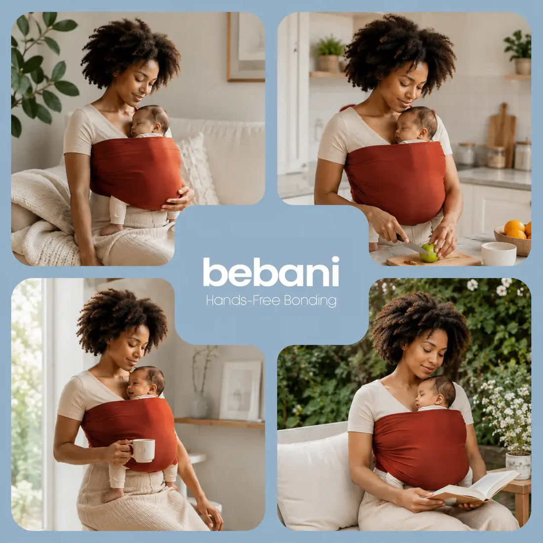 A woman using a baby wrap carrier for hands-free bonding with her baby in a cozy setting.