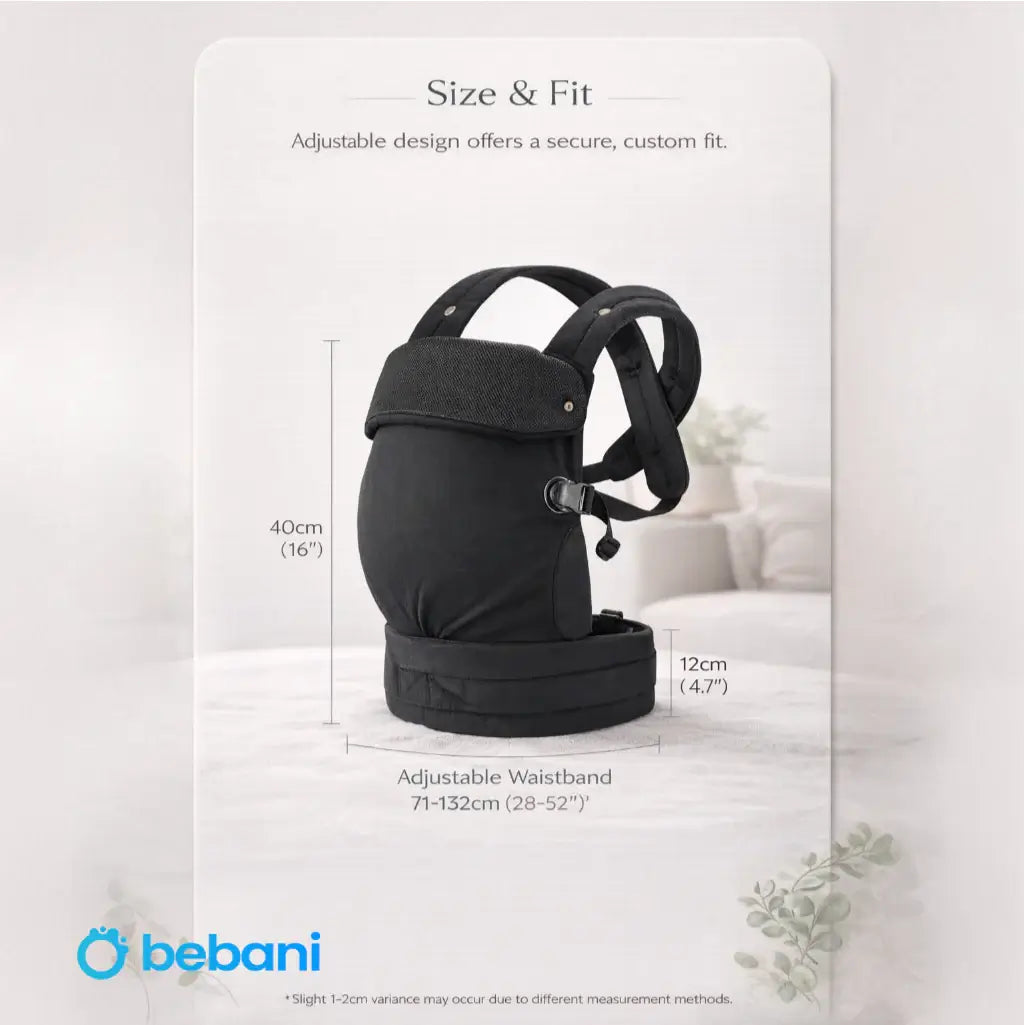 Little Carry - Black baby carrier with measurements and 'bebani' branding on a light background