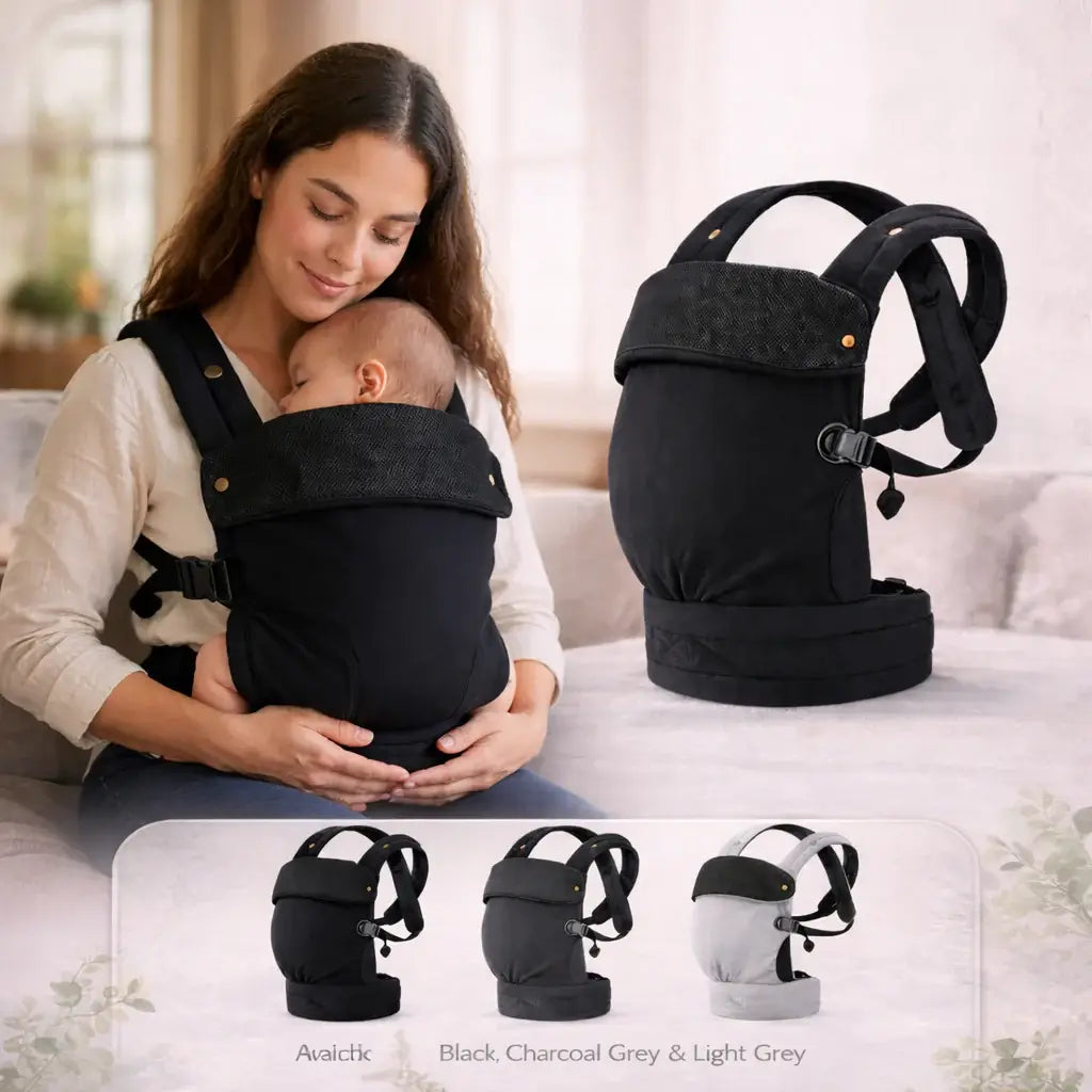 Little Carry - Woman holding a baby in a black baby carrier with additional views of the carrier on a couch.