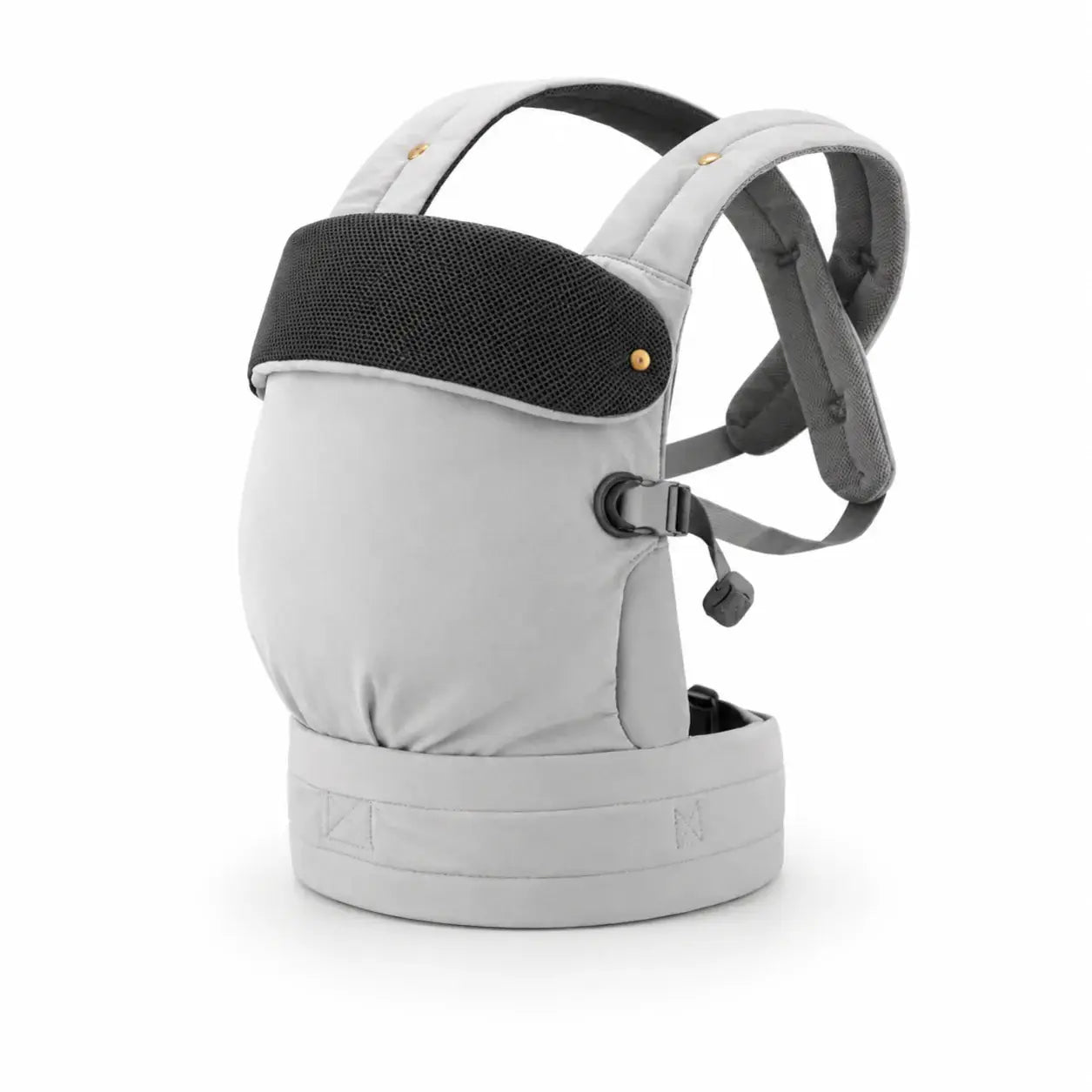 Gray baby carrier with black accents on a white background