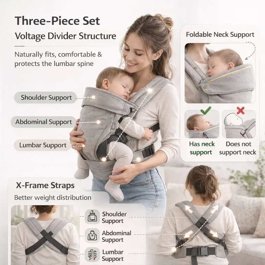 Little Carrier - Woman holding a baby in a gray baby carrier with features highlighted.
