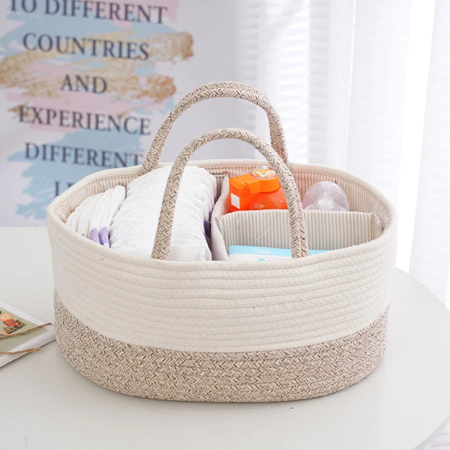 Cotton rope diaper basket used as nursery organizer beside crib