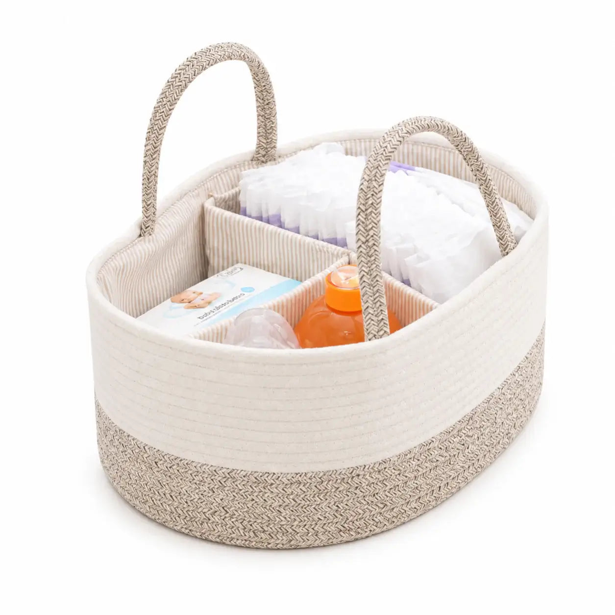 Beige woven baby caddy with diapers, wipes, and a bottle on a white background