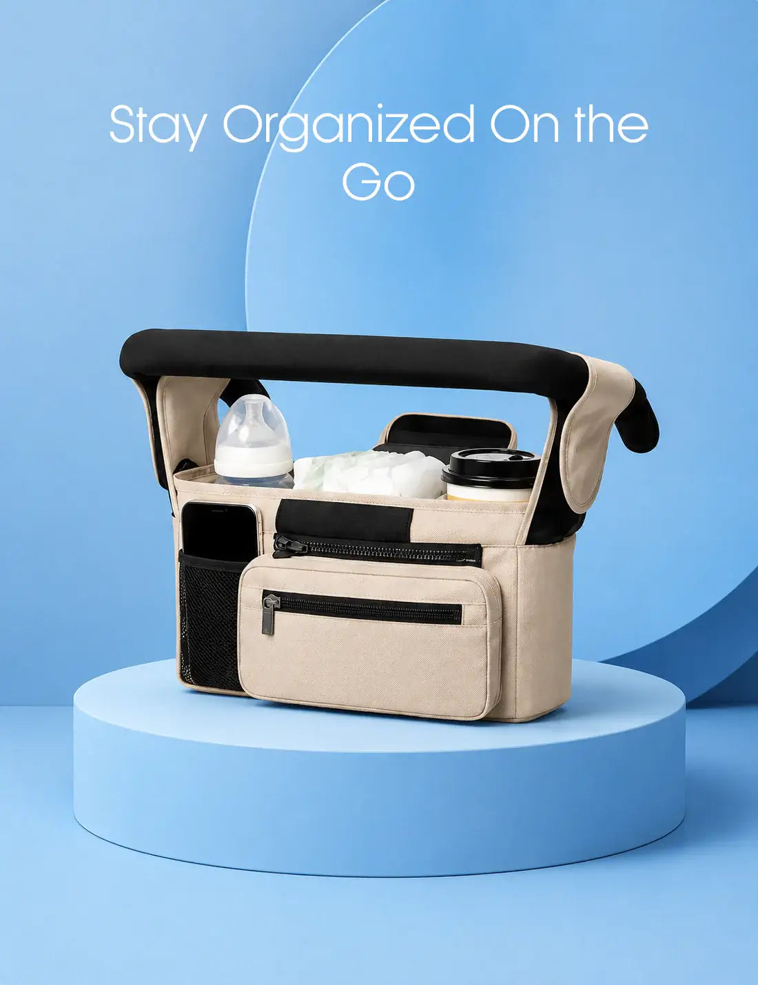 Beige and black organizer bag on a blue platform with 'Stay Organized On the Go' text.