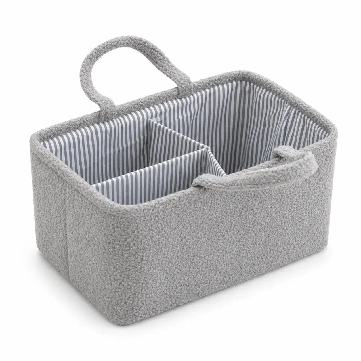 Gray fabric storage basket with striped interior on a white background