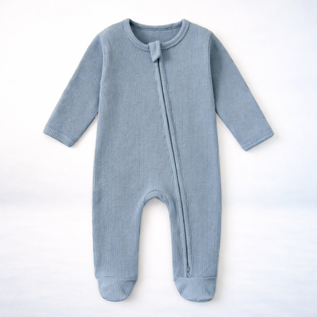 Organic Ribbed Zip Baby Romper –  soft, breathable everyday wear, featuring easy dressing design and gentle comfort for babies.