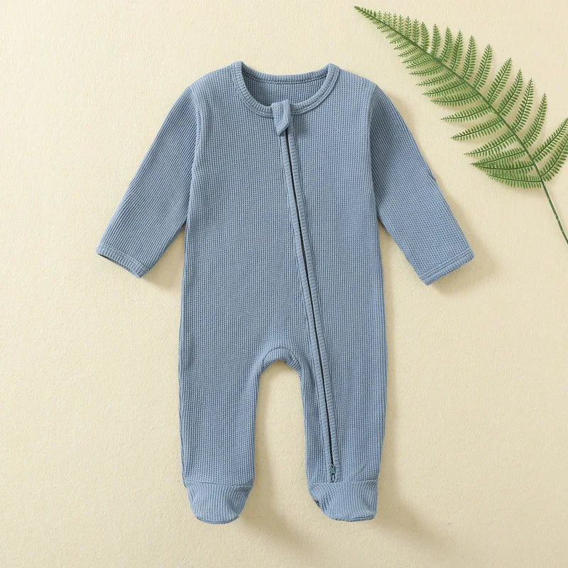Blue Organic Ribbed Zip Baby Romper for gentle everyday wear with a soft, breathable design.