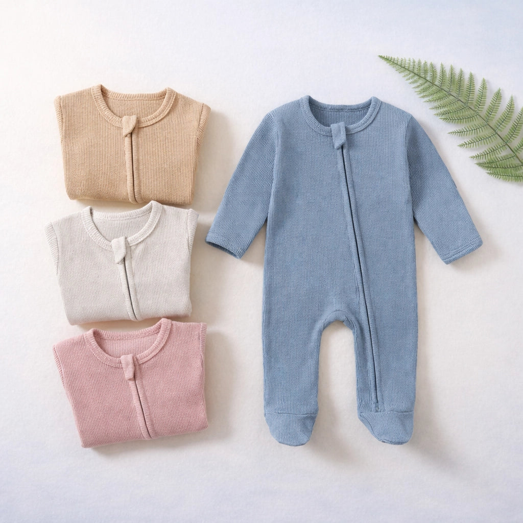 Organic Ribbed Zip Baby Romper – folded in neutral colors for everyday wear