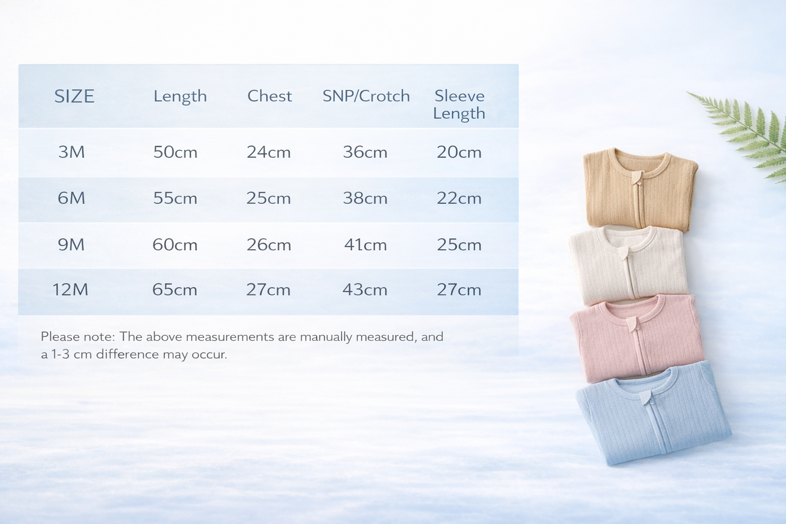 Organic Rib - Size chart and color options for Organic Ribbed Zip Baby Romper in blue, grey, pink, and beige. Available sizes for 3M to 12M.
