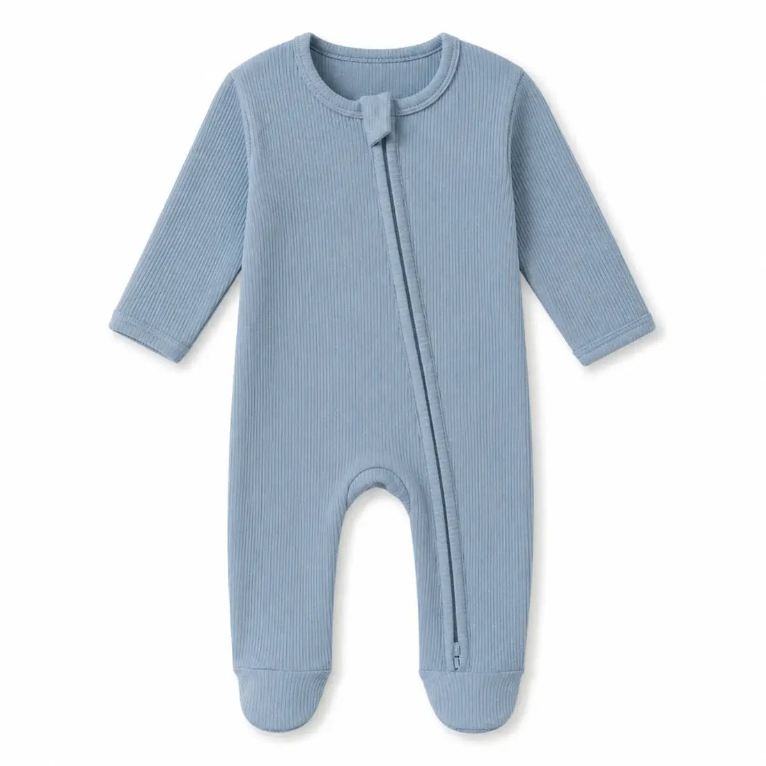 Blue baby onesie with a zipper on a white background