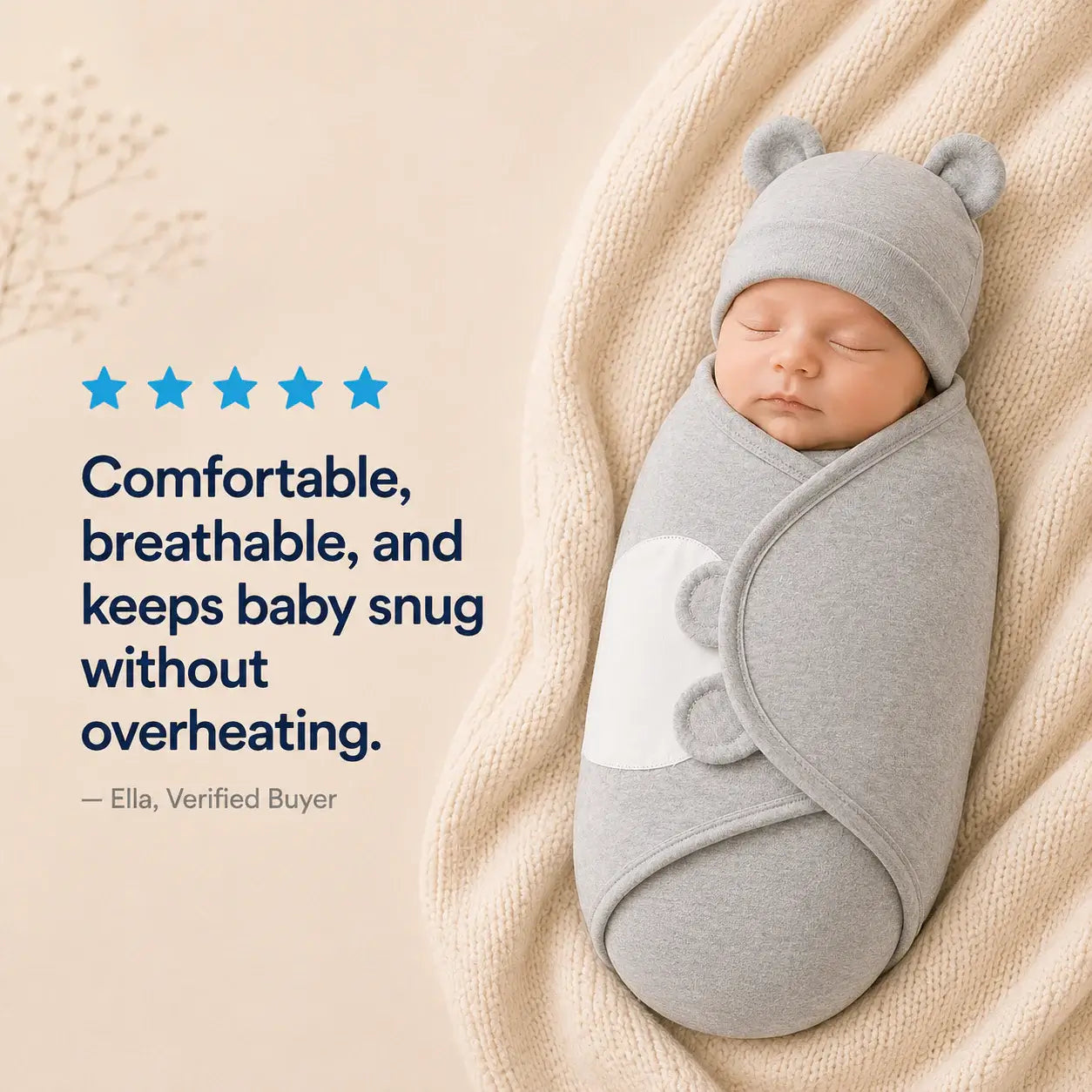 Newborn adjustable swaddle in grey, providing comfort and security for babies, allowing deeper sleep without overheating.