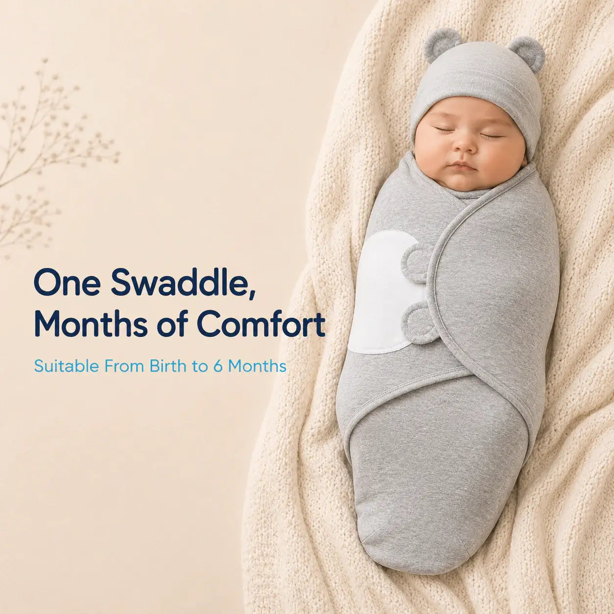 Newborn adjustable swaddle for comfort; designed for babies from birth to 6 months, featuring a cozy wrap.