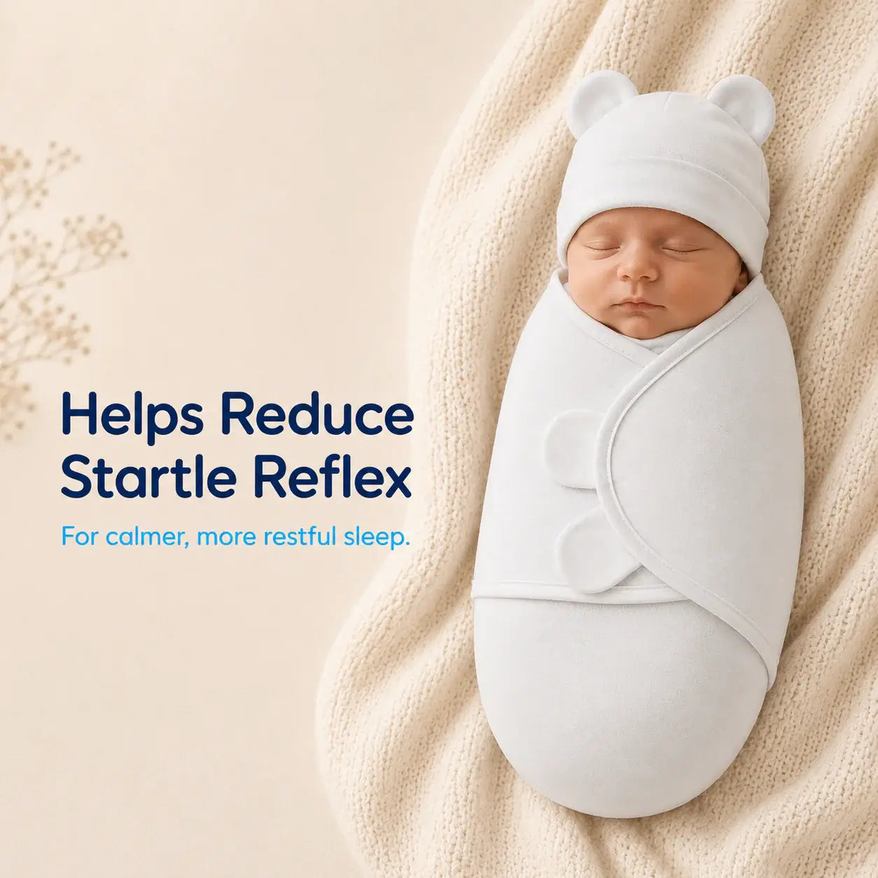 Newborn adjustable swaddle that helps reduce startle reflex for calmer, more restful sleep.