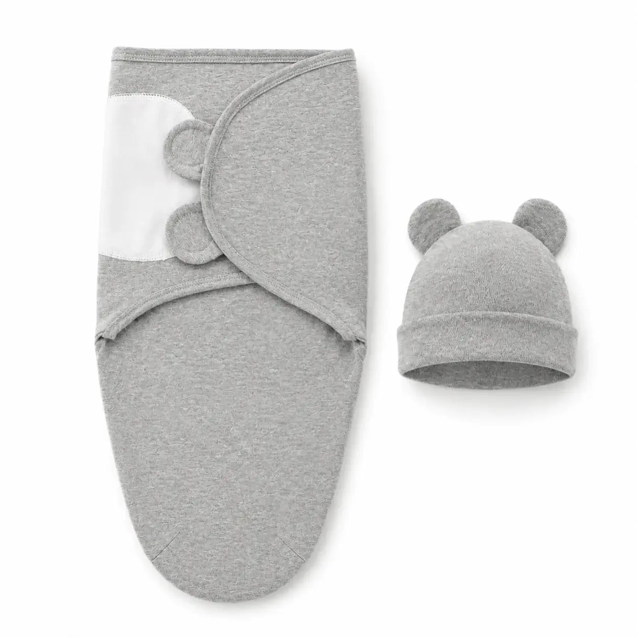 Newborn adjustable swaddle and matching bear hat in soft gray fabric.
