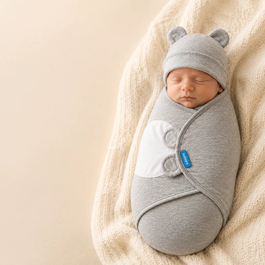 Newborn adjustable swaddle in gray, snugly wrapped with bear ears hat, promoting calm and secure sleep for babies.