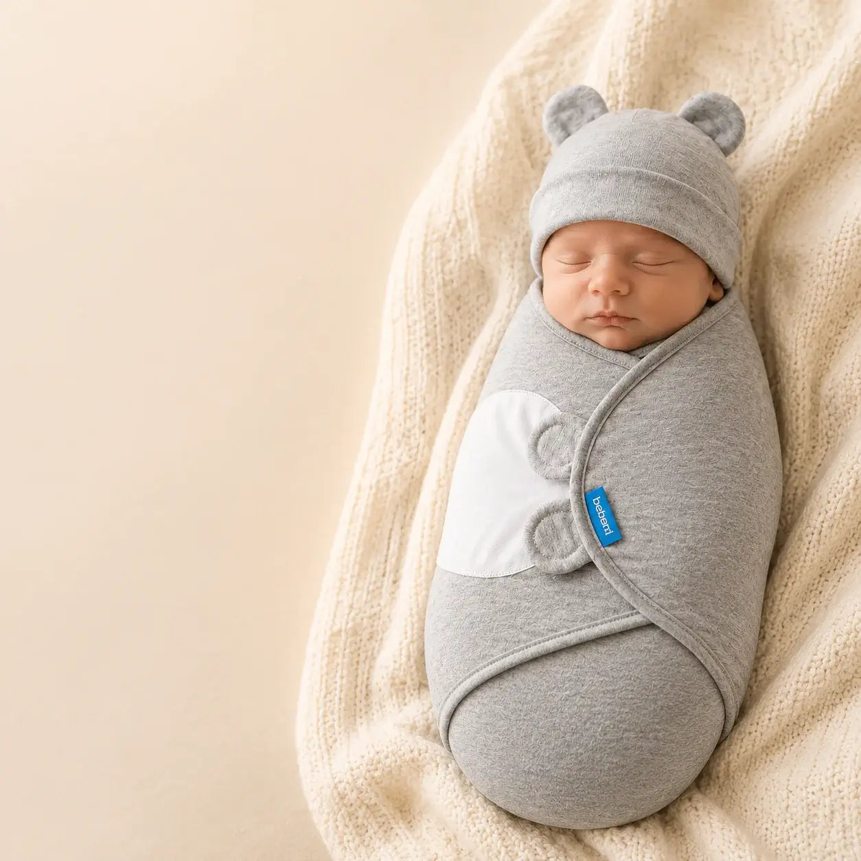 Newborn adjustable swaddle in gray, snugly wrapped with bear ears hat, promoting calm and secure sleep for babies.