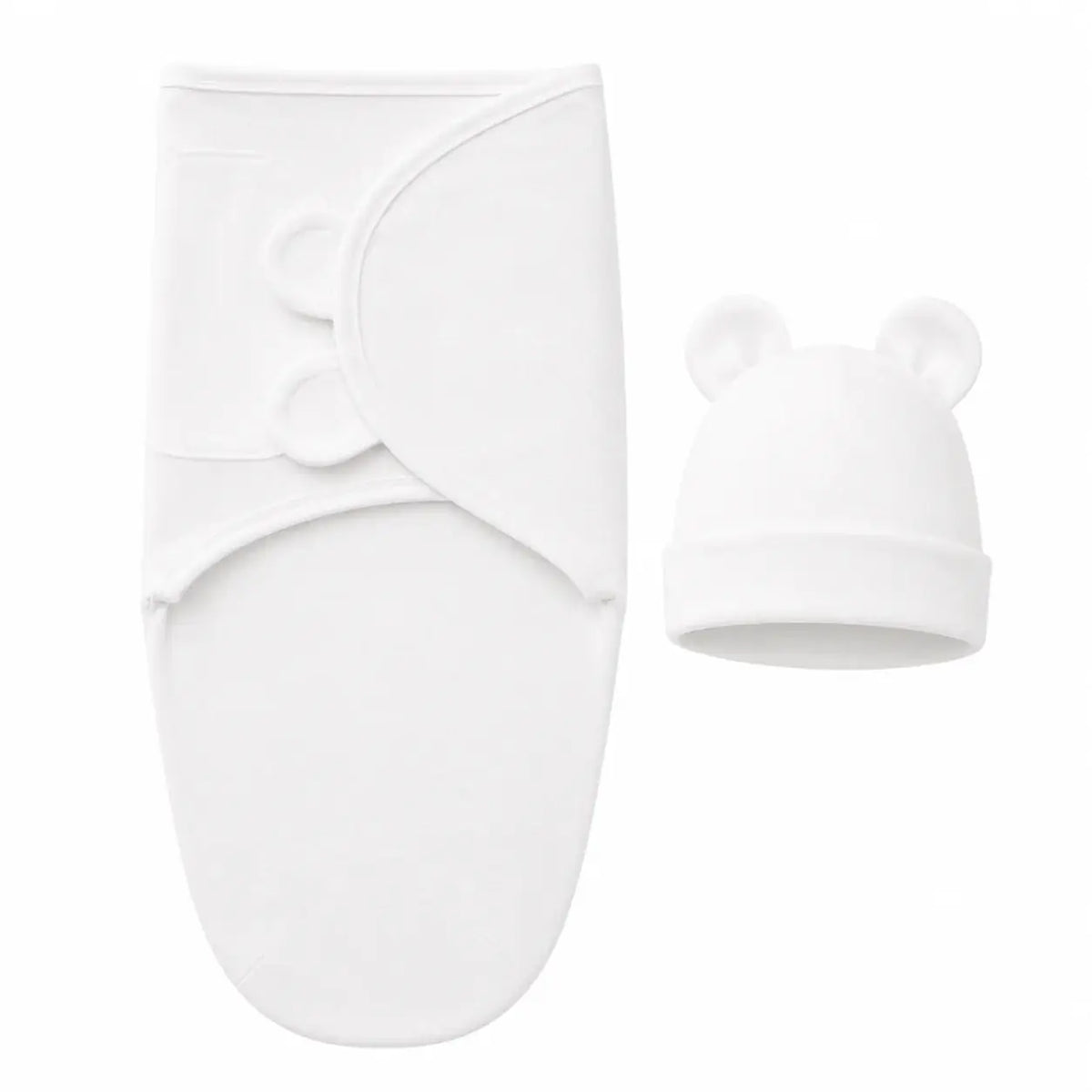 Adjustable cotton swaddle and matching bear ear hat for newborn comfort.