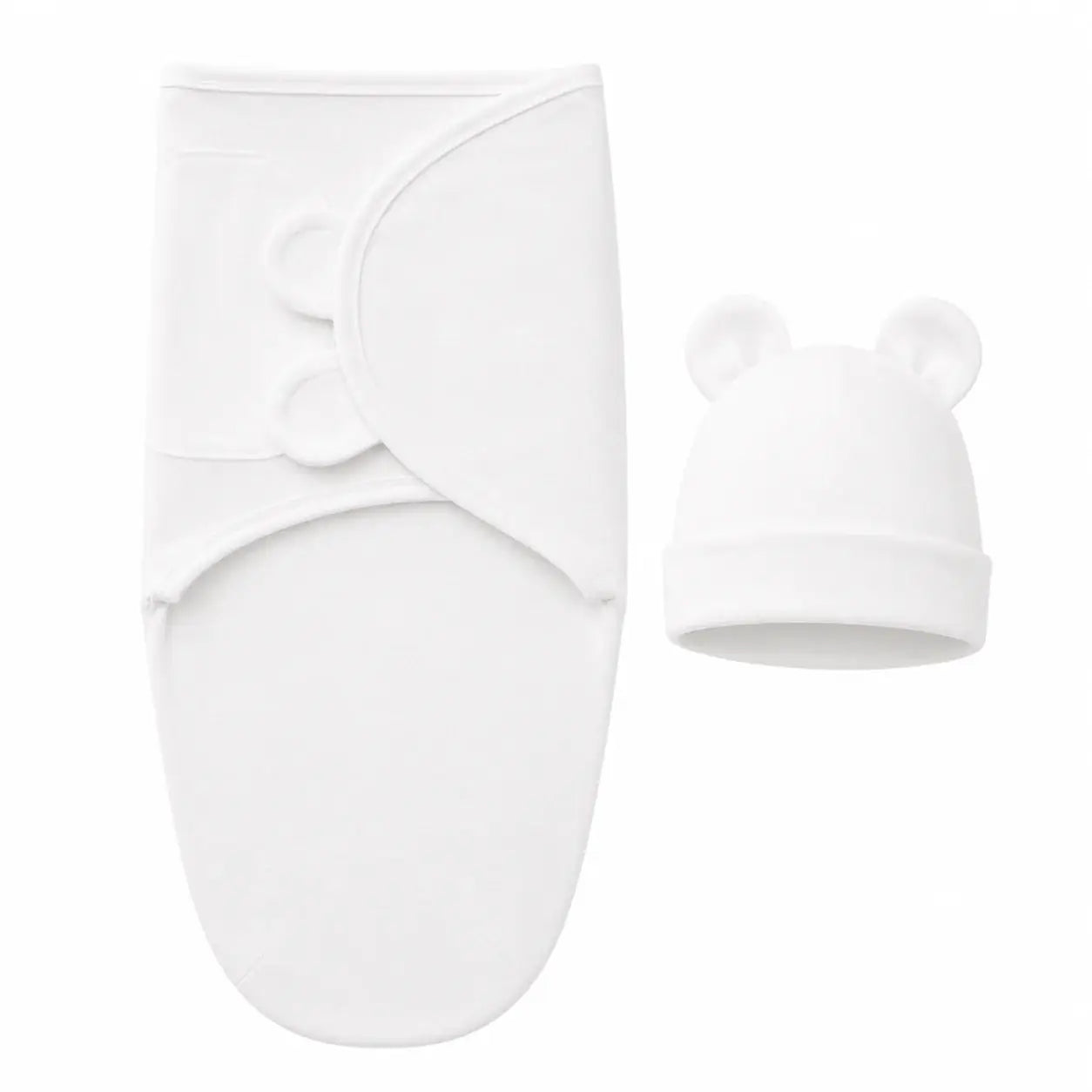 Safe Swaddle™ with adjustable wrap and matching baby hat for newborn adjustable swaddle, promoting calm and secure sleep.