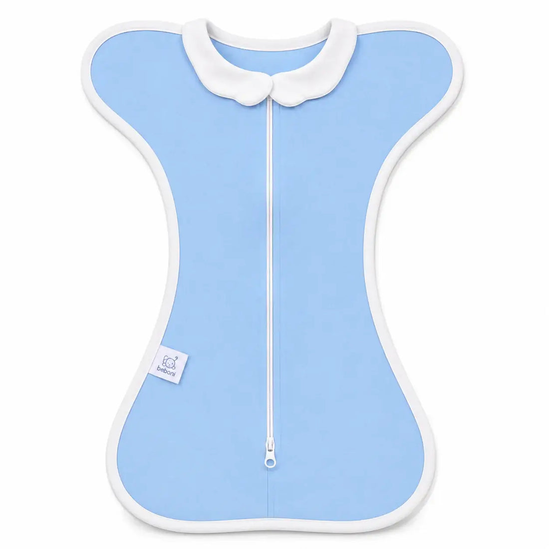 The Sleep Nest - Light blue newborn sleep sack with white edges, featuring a dual-use design for nursing and baby wrapping. Made of breathable cotton.