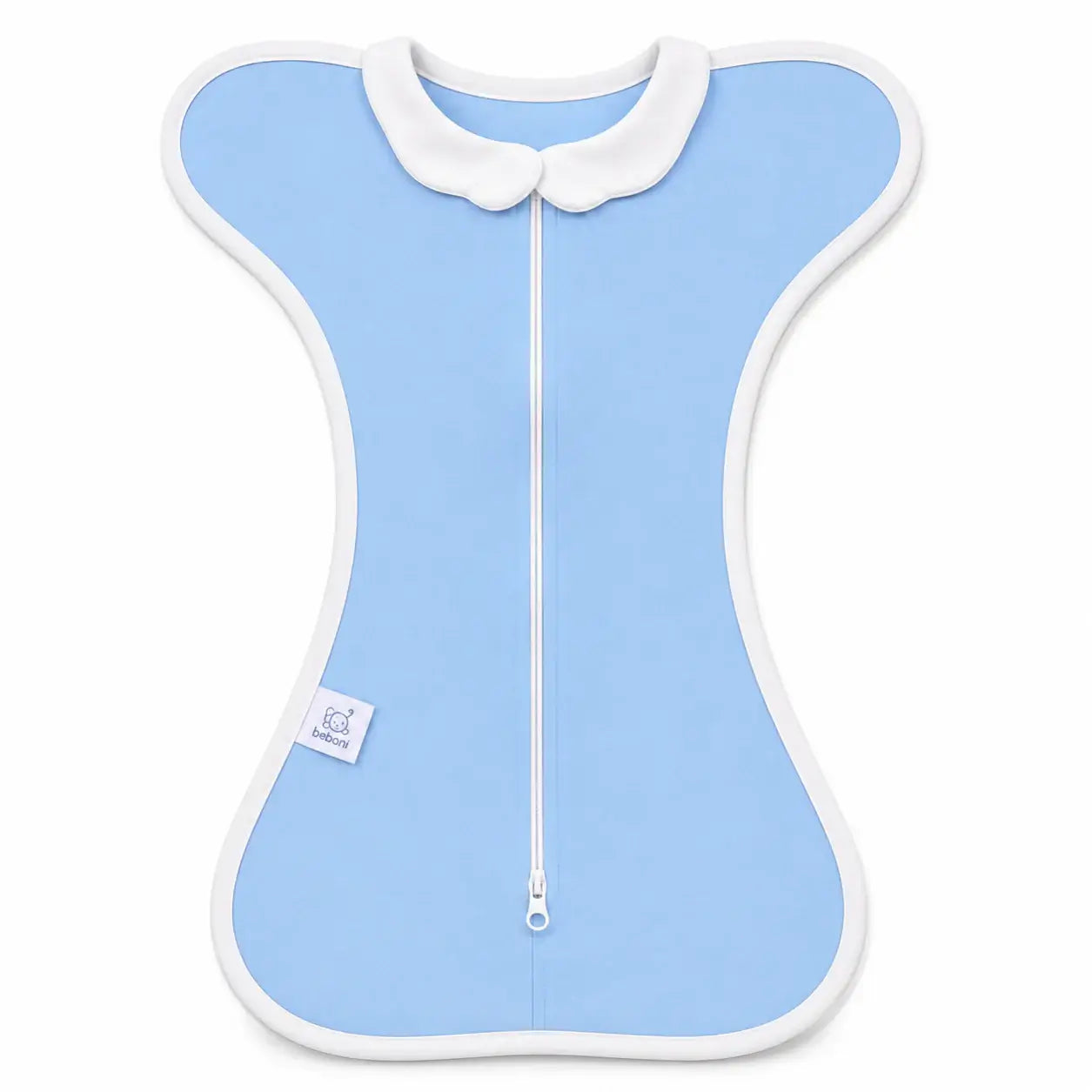 The Sleep Nest - Light blue newborn sleep sack with white edges, featuring a dual-use design for nursing and baby wrapping. Made of breathable cotton.