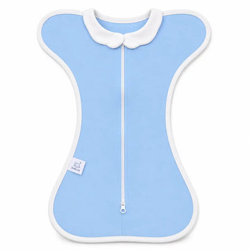 The Sleep Nest - Light blue newborn sleep sack with white edges, featuring a dual-use design for nursing and baby wrapping. Made of breathable cotton.