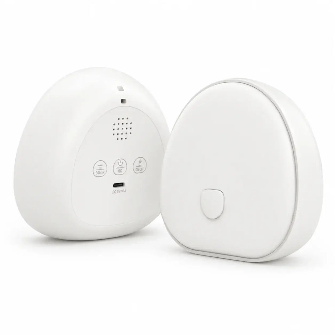 Two white electronic devices on a light gray background