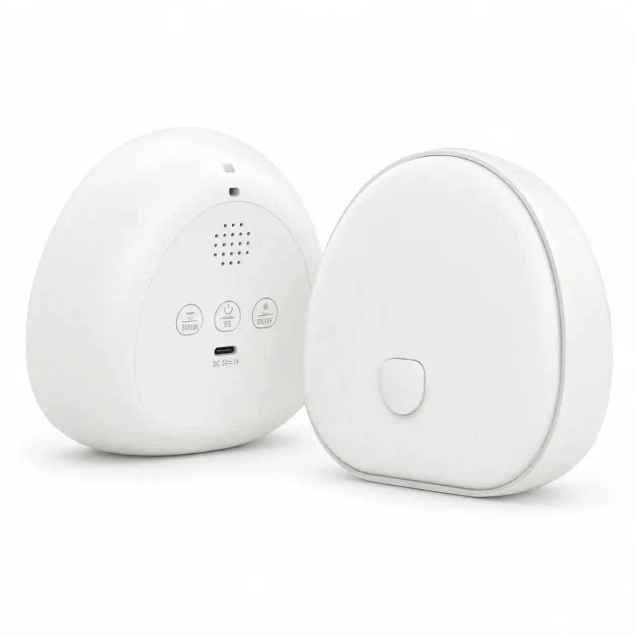 Two white electronic devices on a light gray background