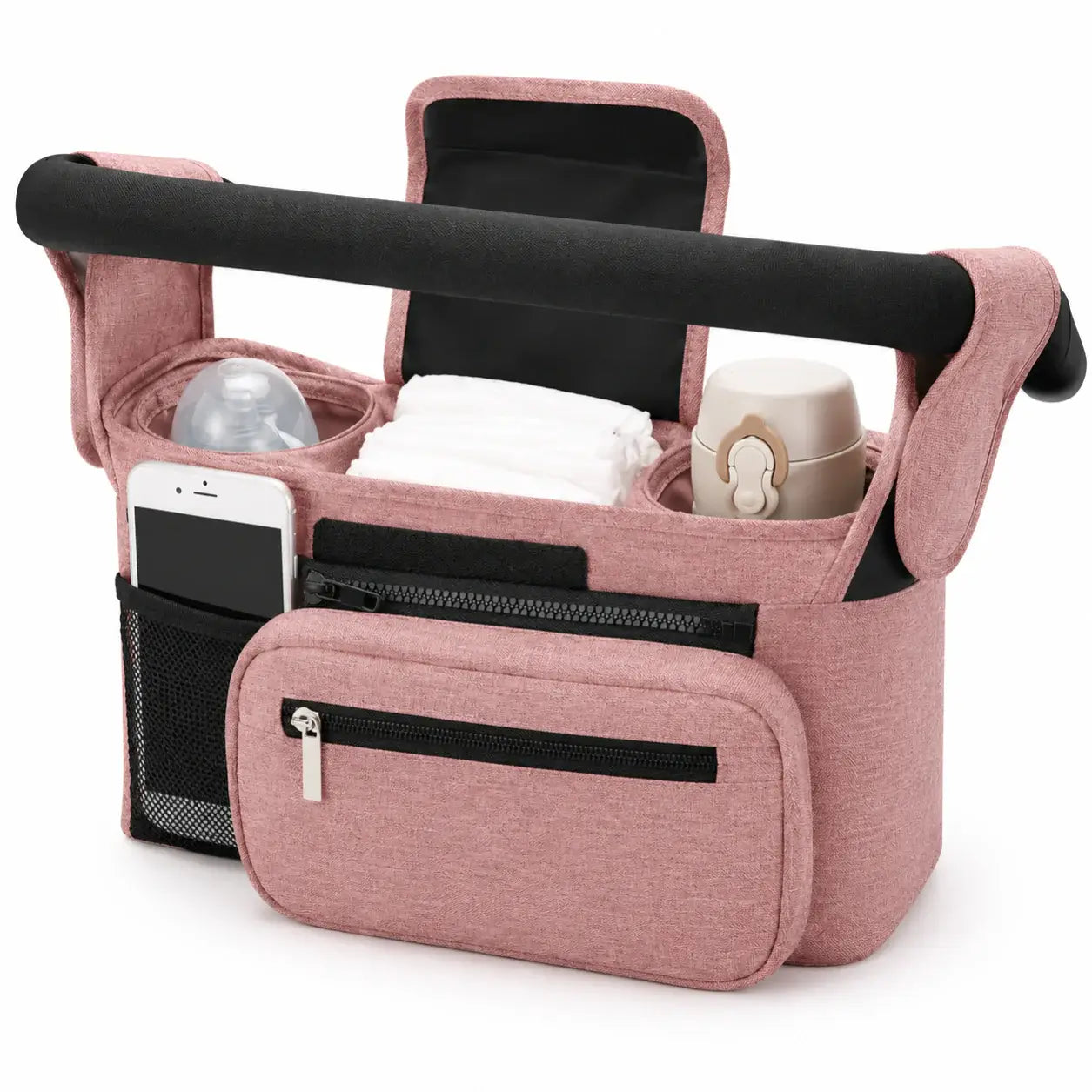 Pink organizer bag with black accents on a white background