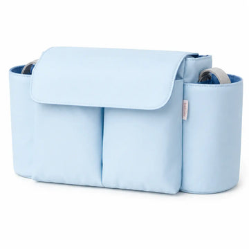 Light blue diaper bag on a white background