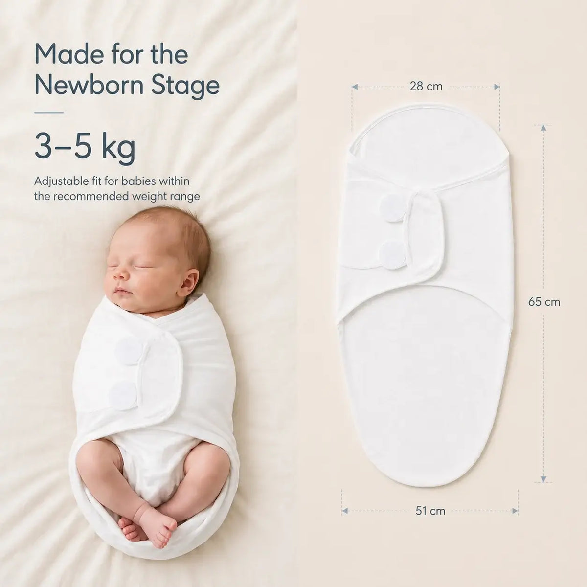 Adjustable Cotton Swaddle shown with a sleeping newborn, made for 3-5 kg weight range, showcasing its adjustable design.